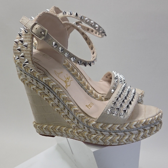 Christian Louboutin Cream Studded Wedges - Picture 7 of 11